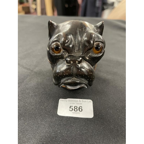 586 - 19th cent. Desk Furniture: Lignum Vitae inkwell in the form of a bulldog's head, with glass inset ey... 