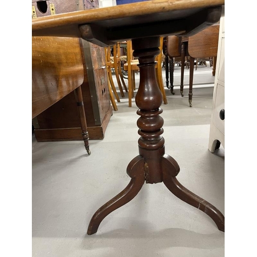 62 - 19th cent. Mahogany tripod table A/F, and a small round mahogany table with a folding base. Mahogany... 