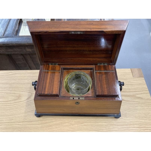 68 - 19th cent. Rosewood sarcophagus tea caddy with ebonised fittings and applied mouldings, lidded tea b... 