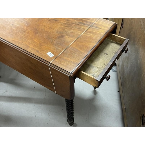 71 - 19th cent. Mahogany Pembroke tables, one with reeded legs, 40ins. x 32ins open. The other with candy... 