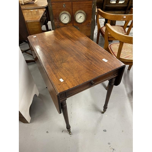 71 - 19th cent. Mahogany Pembroke tables, one with reeded legs, 40ins. x 32ins open. The other with candy... 