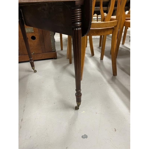 71 - 19th cent. Mahogany Pembroke tables, one with reeded legs, 40ins. x 32ins open. The other with candy... 