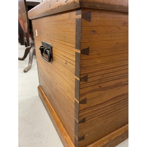 77 - The Mavis and John Wareham Collection: Pitch pine blanket box with iron handles and hinges. 50ins. x... 