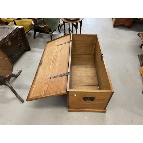 77 - The Mavis and John Wareham Collection: Pitch pine blanket box with iron handles and hinges. 50ins. x... 