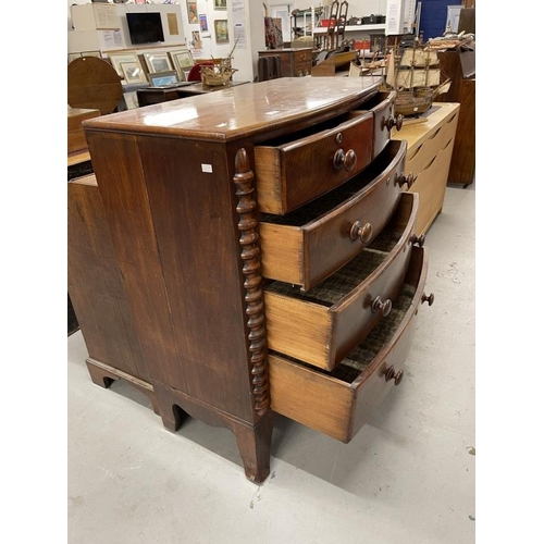 85 - 19th cent. Mahogany bow front chest of drawers on bracket feet with shaped front apron, turned mahog... 