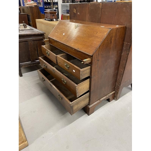 87 - 18th cent. Figured oak drop well bureau, two short over two long drawers with drop handles, the insi... 