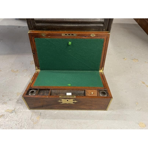 89 - 19th cent. Mahogany brass bound writing slope, the interior with green baize and secret drawers, dra... 