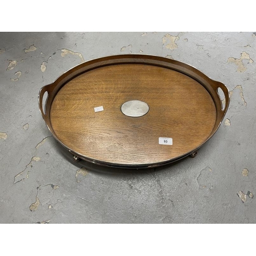 93 - Oak oval twin handled tray with silver plated gallery. 20ins. x 14½ins. Plus an oak oval folding tab... 