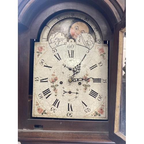 124 - Clocks: Impressive mahogany inlaid longcase eight day moon phase, unsigned.