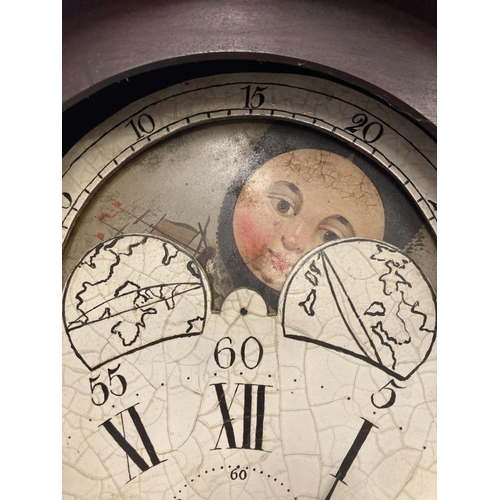 124 - Clocks: Impressive mahogany inlaid longcase eight day moon phase, unsigned.