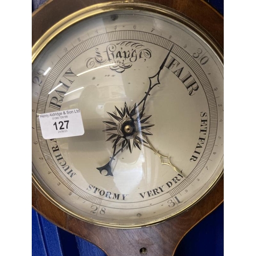 127 - 19th cent. Mahogany barometer with ebony stringing, R. Cockings, Andover. Approx. 38ins long.