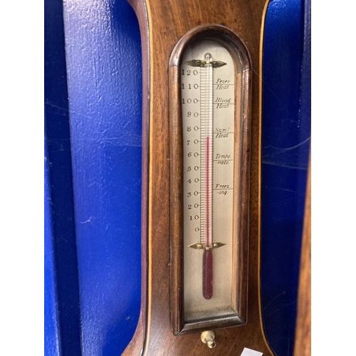 127 - 19th cent. Mahogany barometer with ebony stringing, R. Cockings, Andover. Approx. 38ins long.