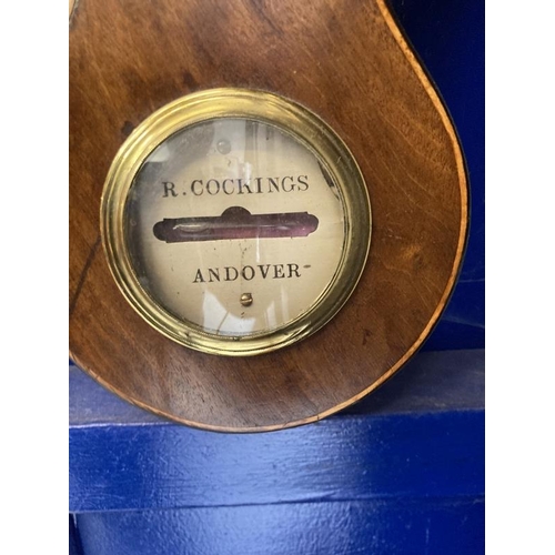 127 - 19th cent. Mahogany barometer with ebony stringing, R. Cockings, Andover. Approx. 38ins long.