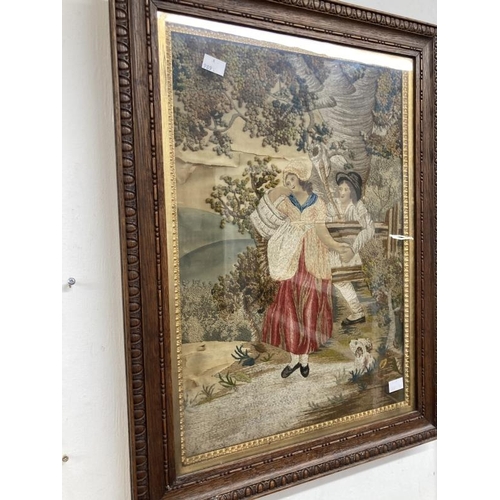 134 - 19th cent. Tapestry, silkwork woman and man with dog A/F. Approx. 18½ins. x 13ins. Together with a s... 