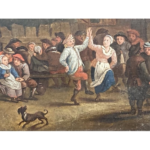 148 - 18th cent. Flemish School: Oil on panel, rural folk dancing and drinking in a village. 10ins. x 8ins... 