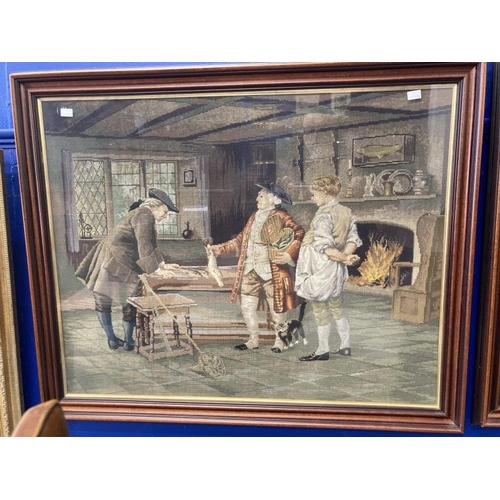 158 - 19th cent. Woolwork tapestry, three figures, one holding fish in an interior. Framed and glazed. 31i... 