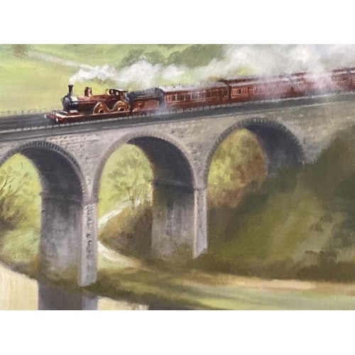 161 - David Weston (1935-2011): Oil on canvas, steam locomotive over viaduct, signed bottom right. 35ins.... 