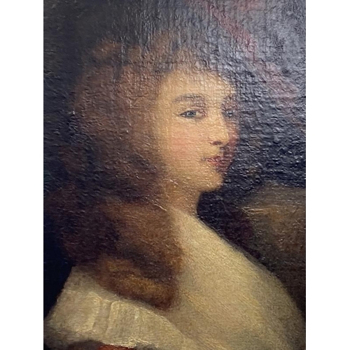163 - 19th cent. English School: Oil on canvas head and shoulders portrait of a young woman wearing a bonn... 