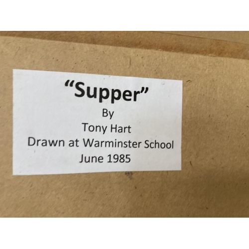 165 - Tony Hart (1925-2009): Original large format artwork in ink of a cat titled 'Supper'. 30ins. x 18ins... 