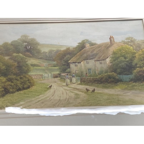 169 - George Oyston (British) (1861-1937): 20th cent. Watercolour, landscape cottage with three figures an... 