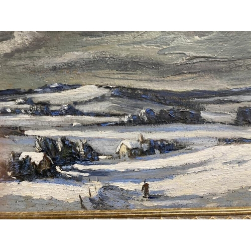 171 - George Bissill (1896-1973): 20th cent. Oil on board, winter landscape with figure in foreground, si... 