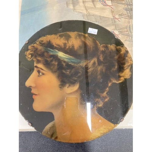 172 - 19th cent. Reverse glass portrait of a maiden playing a mandolin. 17ins. x 13ins. Plus a circular li... 