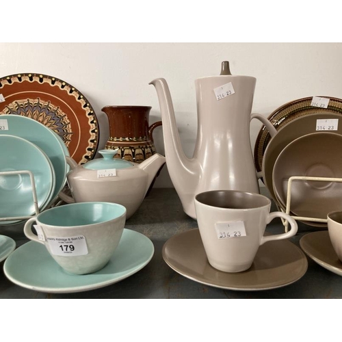 179 - 20th cent. Ceramics: Poole Pottery, two part tea/coffee sets. Brown/cream set comprising coffee pot,... 