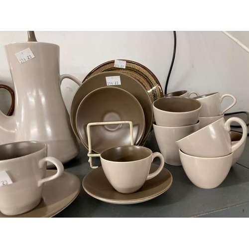 179 - 20th cent. Ceramics: Poole Pottery, two part tea/coffee sets. Brown/cream set comprising coffee pot,... 