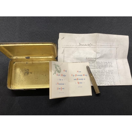 253 - Militaria: WWI Princess Mary Christmas Tin complete with Bullit pencil and Christmas card.