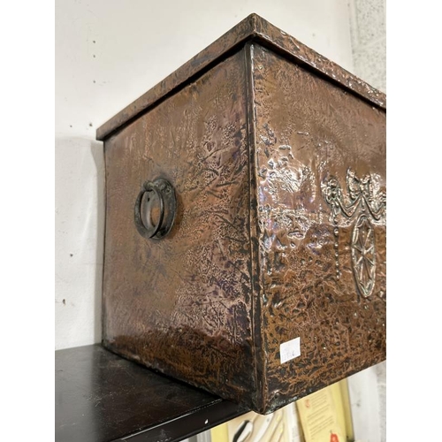 16 - Arts & Crafts: Beaten copper coal box. 14ins. x 14ins.