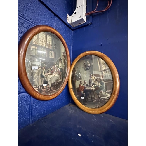 2 - Early 20th cent. Oval frames with convex glass depicting stylised printed Tudor scenes, a pair. 24in... 