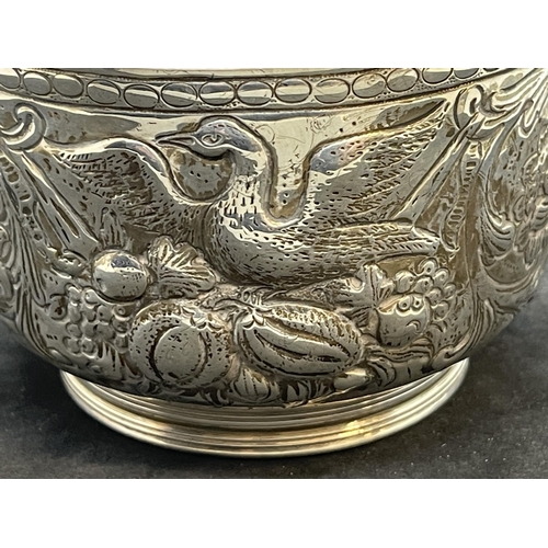 396 - Silver & Plated Ware: George II white metal two handled loving cup with embossed swan decoration, ha... 