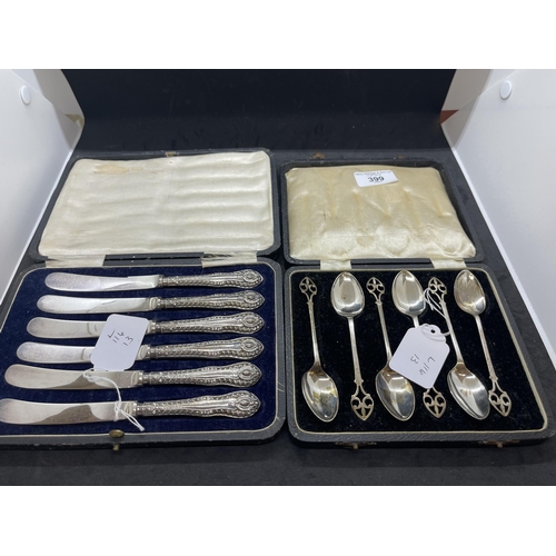 399 - Hallmarked Silver: Flatware set of six coffee spoons with Celtic design handles. Weight 1.84oz. Plus... 