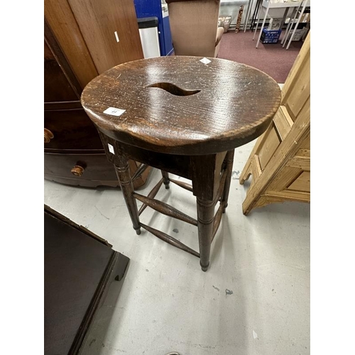 44 - 19th cent. G.W.R. Oak high stool, turned supports united by stretcher and stamped G.W.R under seat.