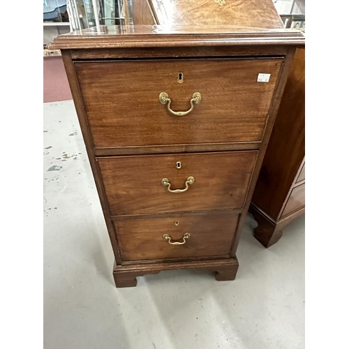 54 - Georgian mahogany three narrow drawer chest of drawers on bracket supports, with original brass furn... 