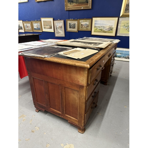 64 - 19th cent. Mahogany stained nine drawer twin pedestal desk with brass drop handles. Approx. 66ins. x... 