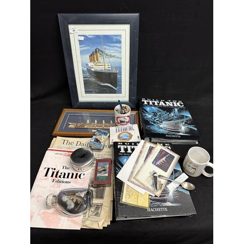 45 - R.M.S. TITANIC: Collection of modern promotional novelty items including reproduction Daily Mirror.