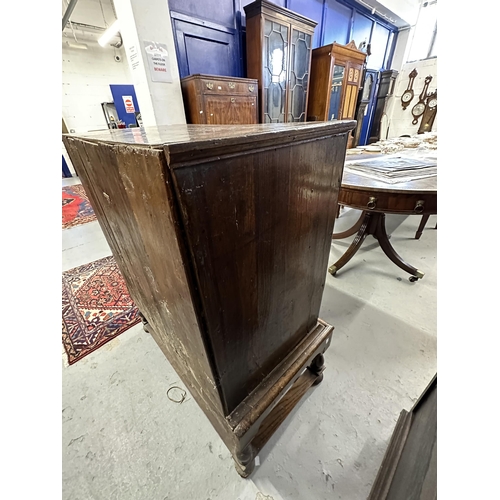 106 - William and Mary/Queen Anne walnut two over three chest of drawers on stand, the drawers with matche... 