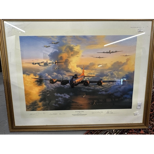 15 - Two maritime prints, one depicting the QE2, a signed print of the yacht Lionheart and a metal etchin... 