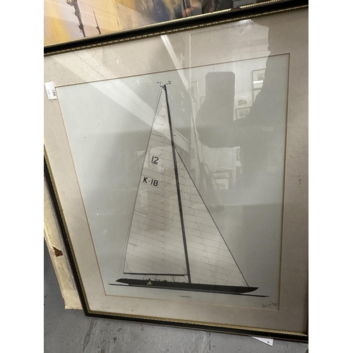 15 - Two maritime prints, one depicting the QE2, a signed print of the yacht Lionheart and a metal etchin... 