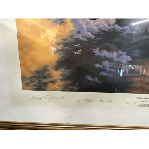 15 - Two maritime prints, one depicting the QE2, a signed print of the yacht Lionheart and a metal etchin... 