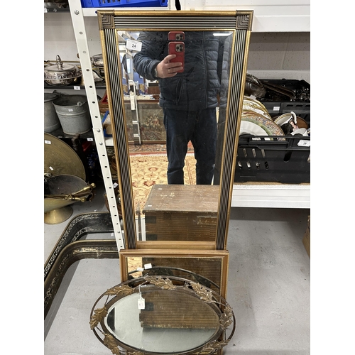 24 - Long upright mirror, 49ins. x 15ins. Large oval mirror metal framed with leaf decoration, 23ins. x 1... 