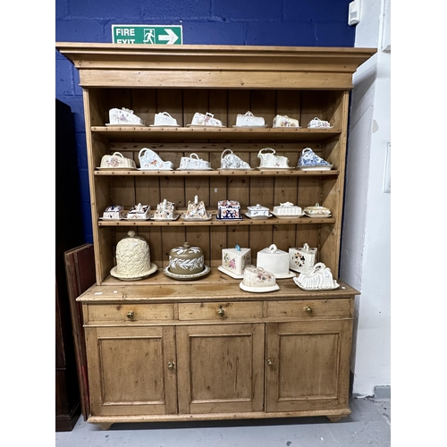 3 - 19th cent. Pine dresser three shelf unit above three drawer and cupboard base. 86ins. x 62ins. x 19i... 