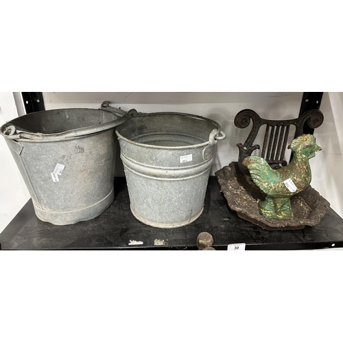 30 - Late 19th/early 20th cent. Galvanised buckets x 2, cast iron boot scraper in the form of a lyre and ... 