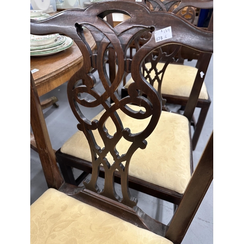 53 - 19th cent. Mahogany harlequin set of four dining chairs with carved splat backs.