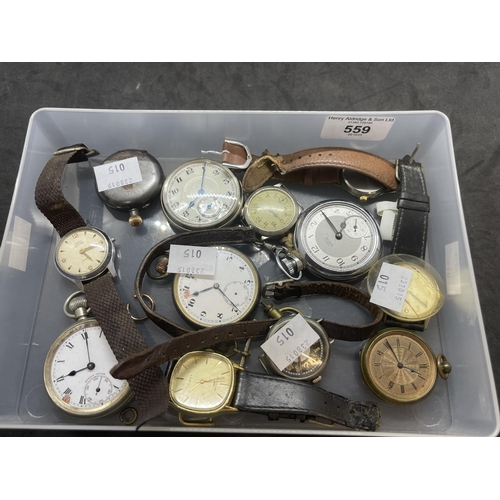 559 - Watches: Selection of white metal and other metals to include six fob/pocket watches and six wristwa... 