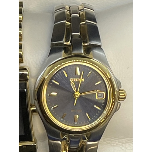 565 - Watches: Ladies Citizen bracelet watches, one with a blue round dial the other with a square black d... 