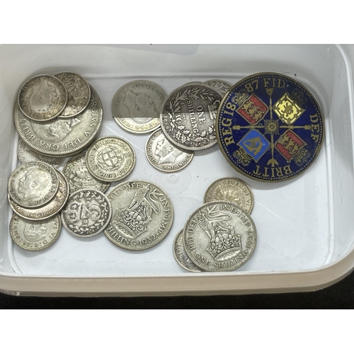 567 - Victoria 1891 Crown, George V florins x 2, various other small silver coins. Hallmartked patchbox Lo... 