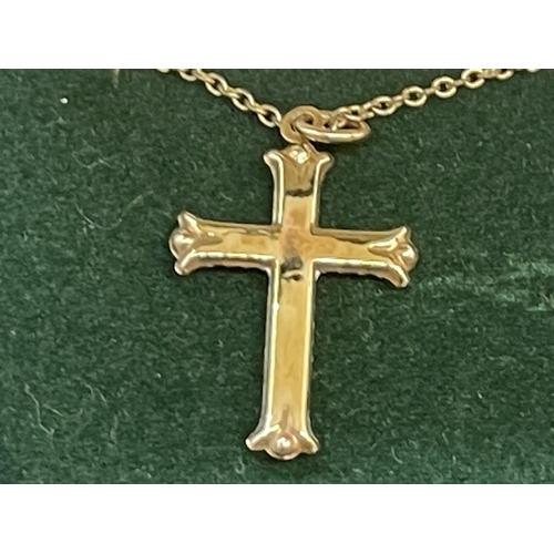 576 - Ladies boxed 9ct gold and white stone Gothic cross, bayonet clasp necklace. Snap and cross are gold,... 