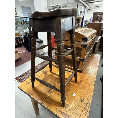 62 - 19th cent. G.W.R. Oak high stool, turned supports united by stretcher and stamped G.W.R under seat.... 